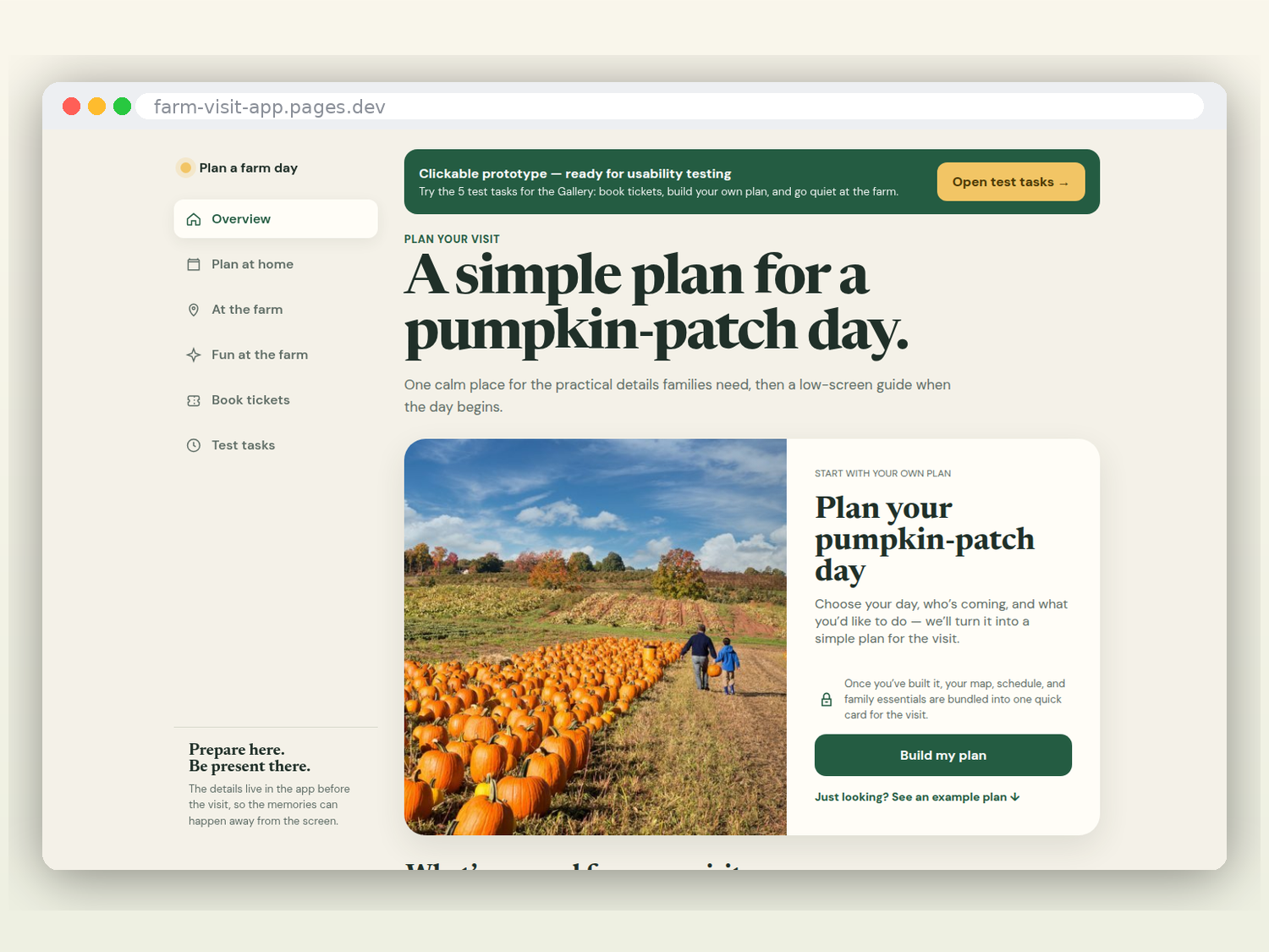 Farm Visit Planner homepage showing a pumpkin-patch day planner