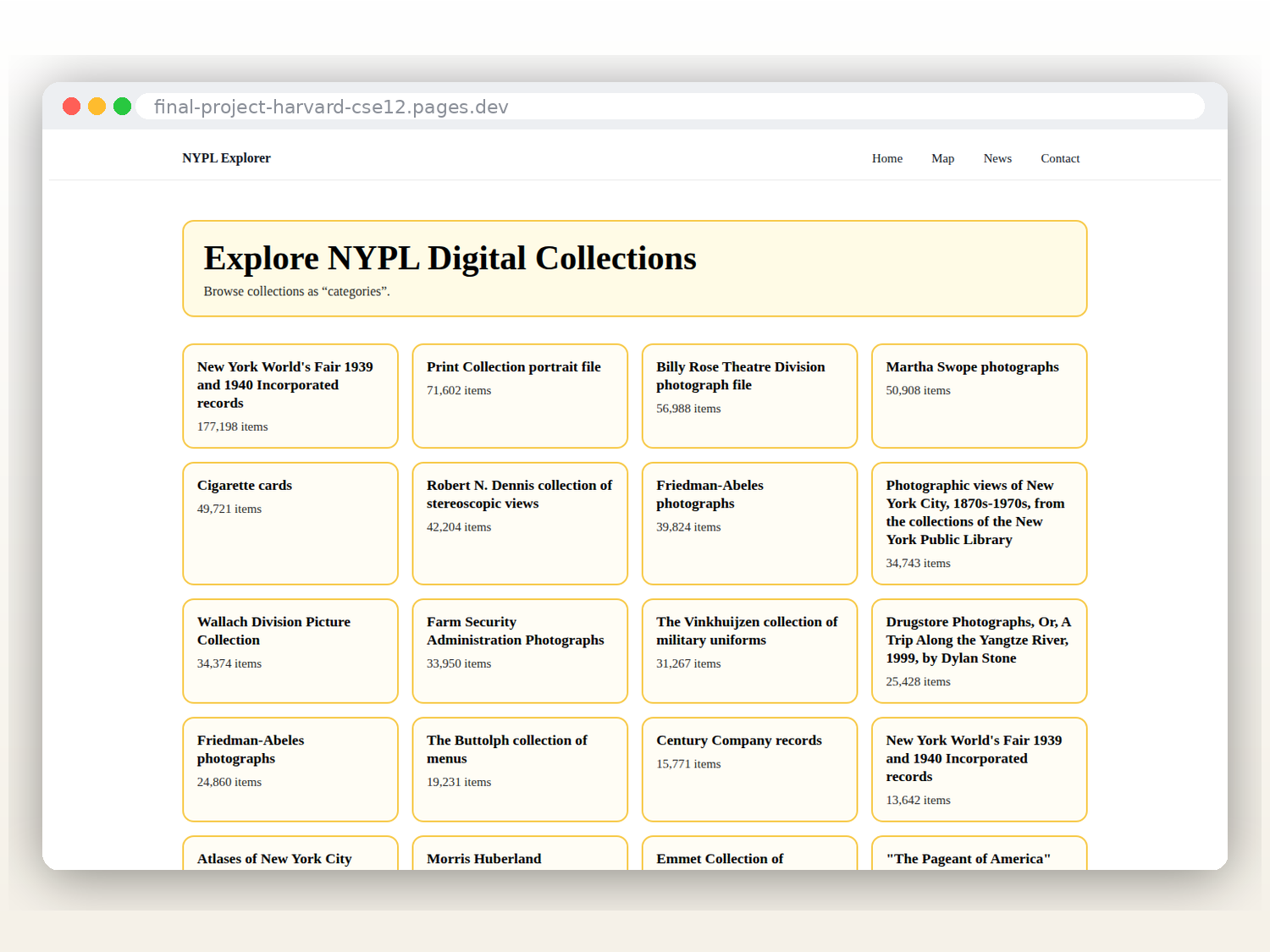 NYPL Explorer page showing cards for New York Public Library digital collections