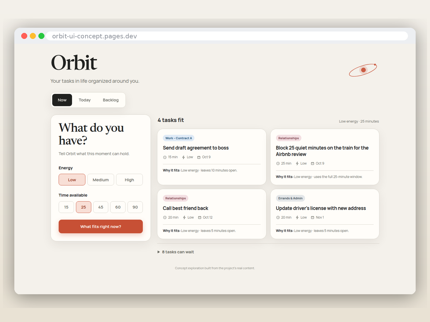 Orbit interface organizing tasks by available time and energy