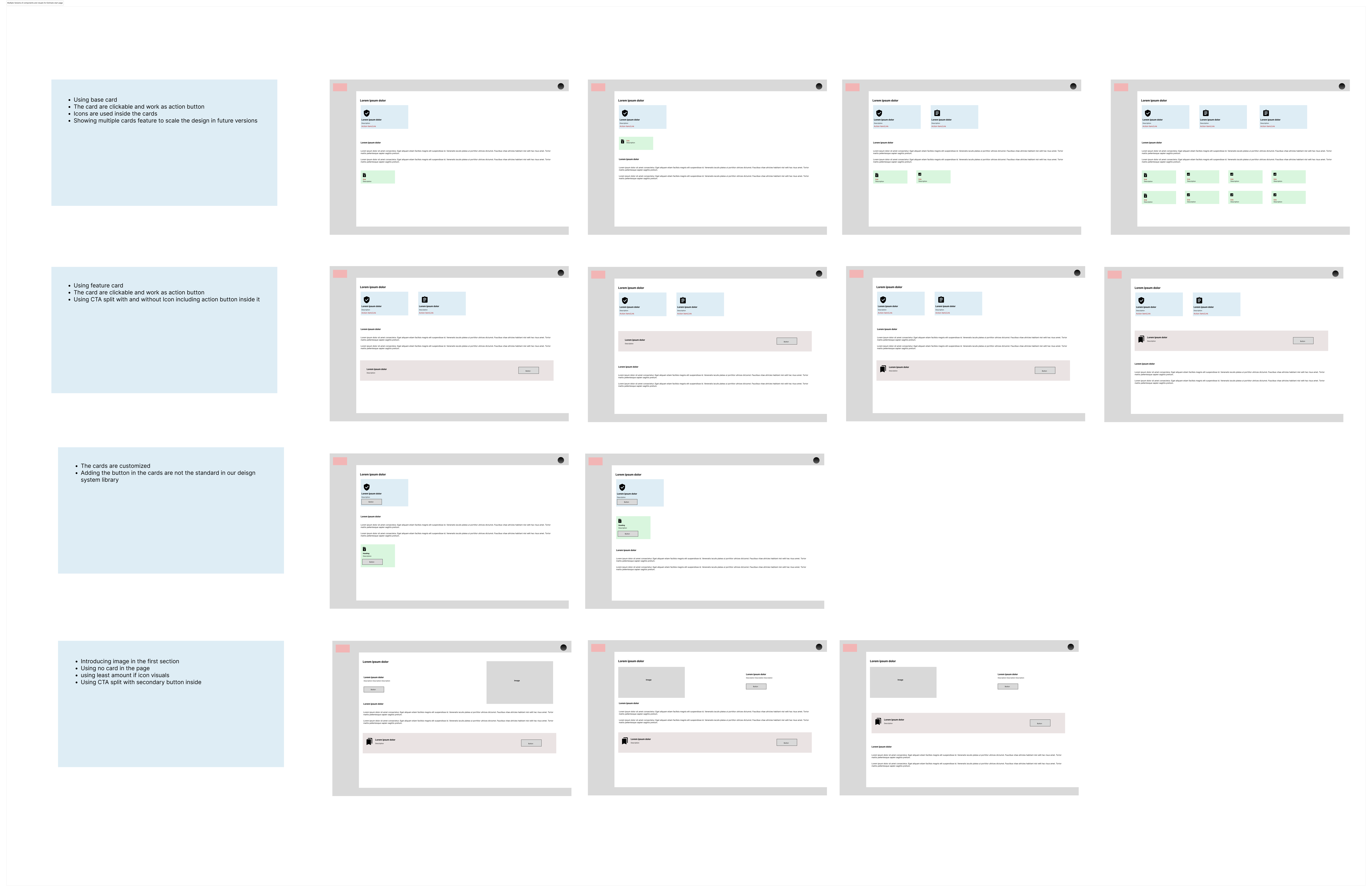A collection of estimate start-page component and content variations