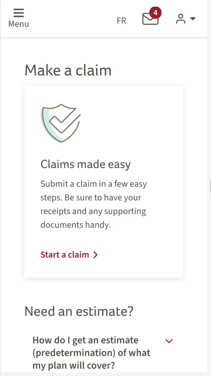 Released Canada Life Make a claim entry page in a mobile viewport